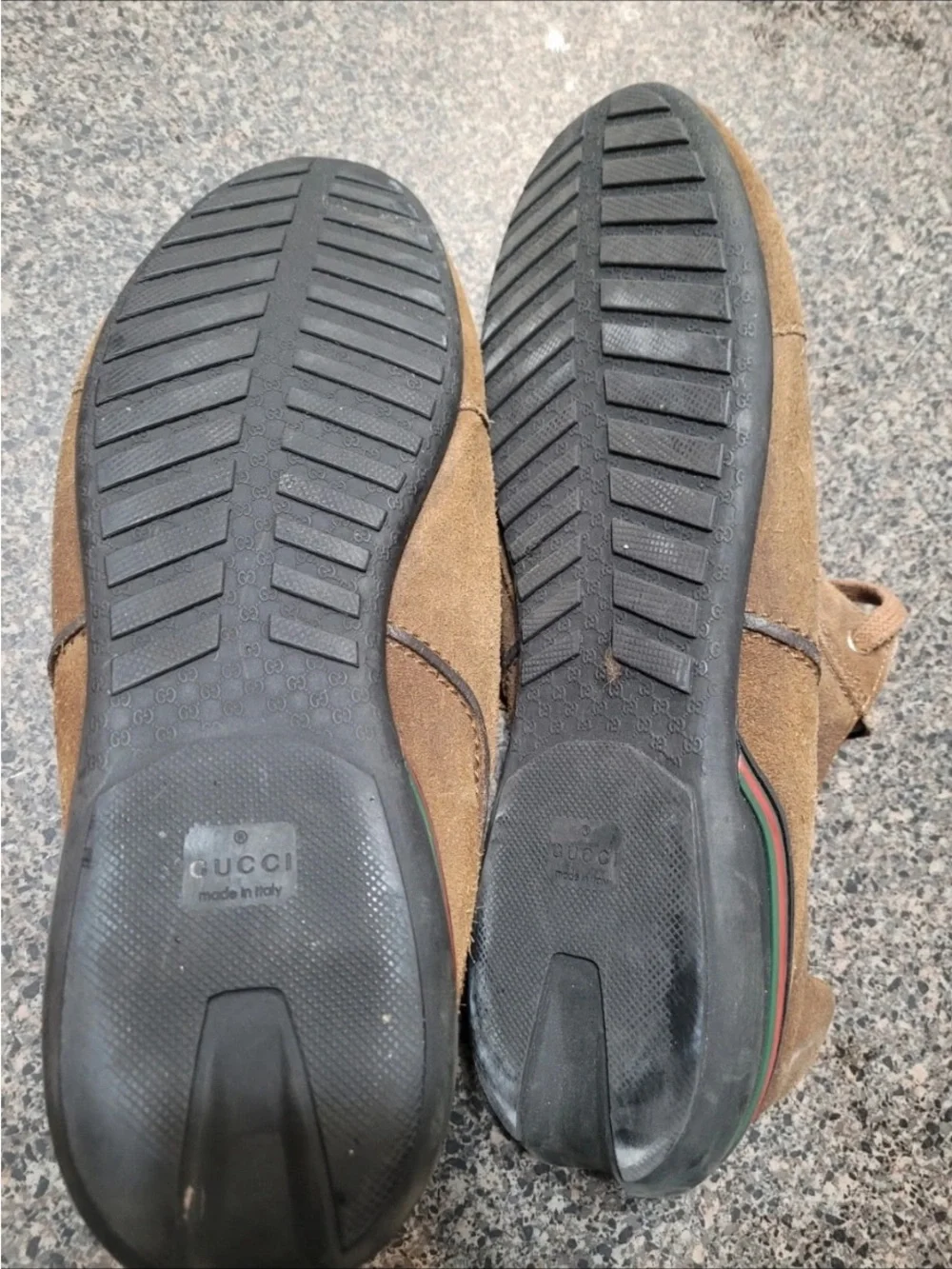 Gucci Brown Suede Slip-On Loafers with Green and Red Heel Stripe